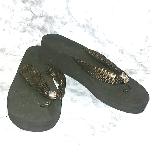 Guess Flip Flops Sandals black gold crystal rhinestone 1" platform bling - Picture 2 of 8